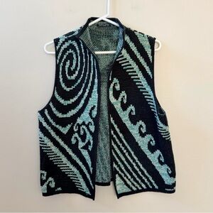 Vintage Open Knit Sweater Vest, Black and Teal Patterned
